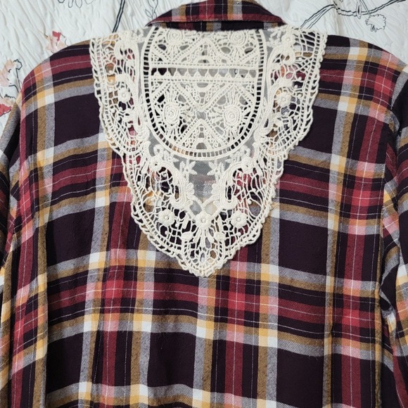Krazy Kat Womens Flannel and Crochet Lace 100% Rayon LARGE Tab‎ Sleeves Blouse - Picture 5 of 9